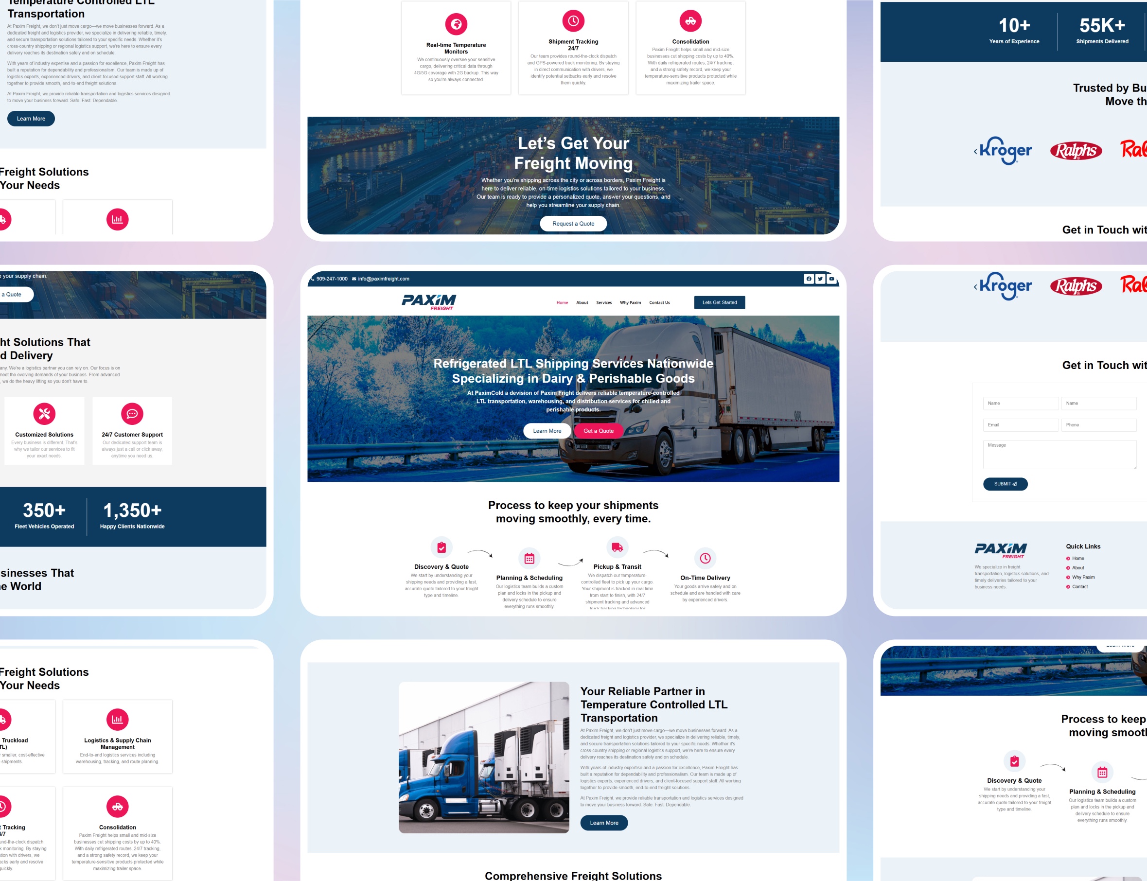 Paxim Freight desktop website showing services, process, and client trust sections