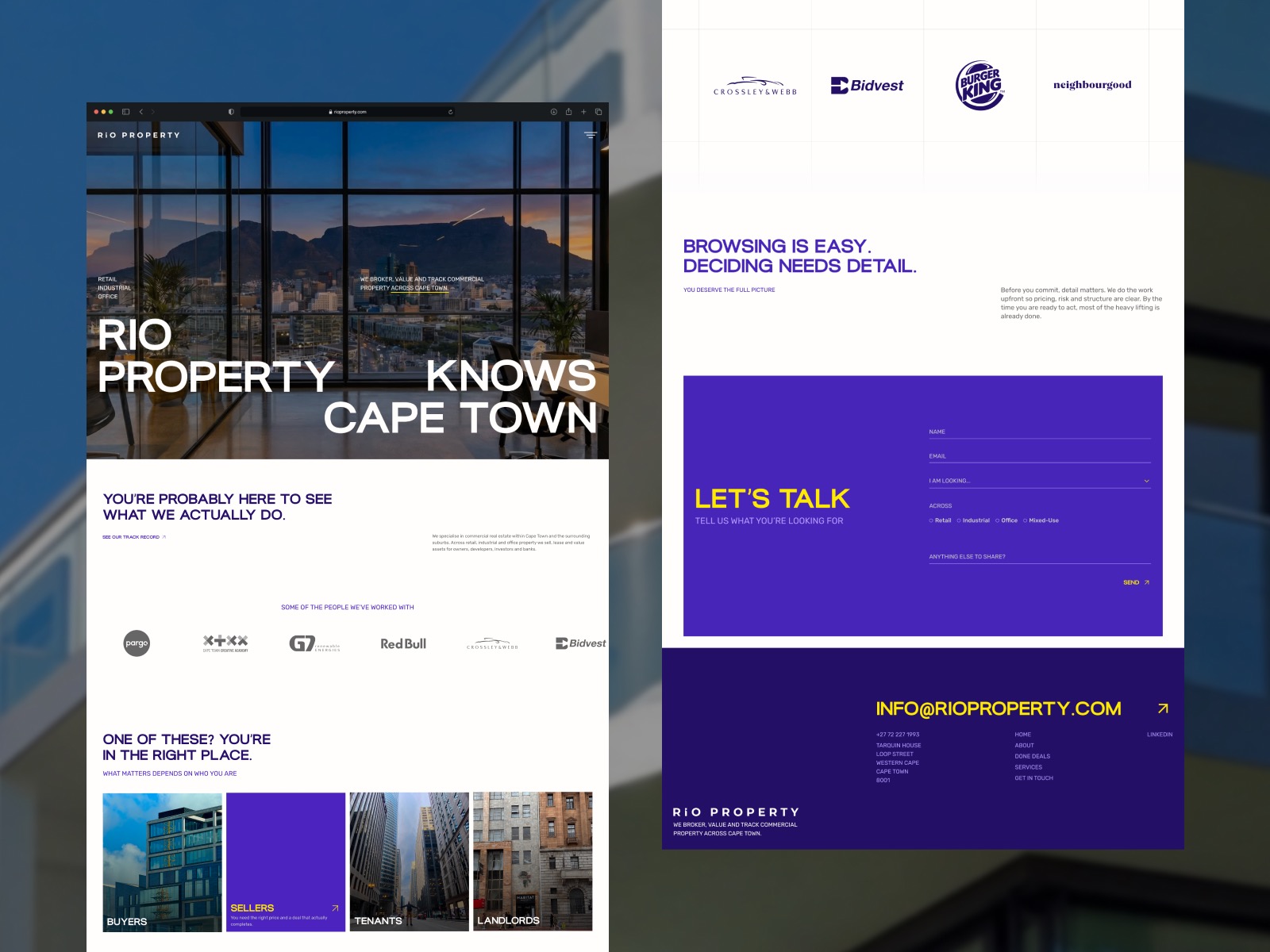 Rio Property commercial real estate website homepage with bold typography over a Cape Town skyline photograph