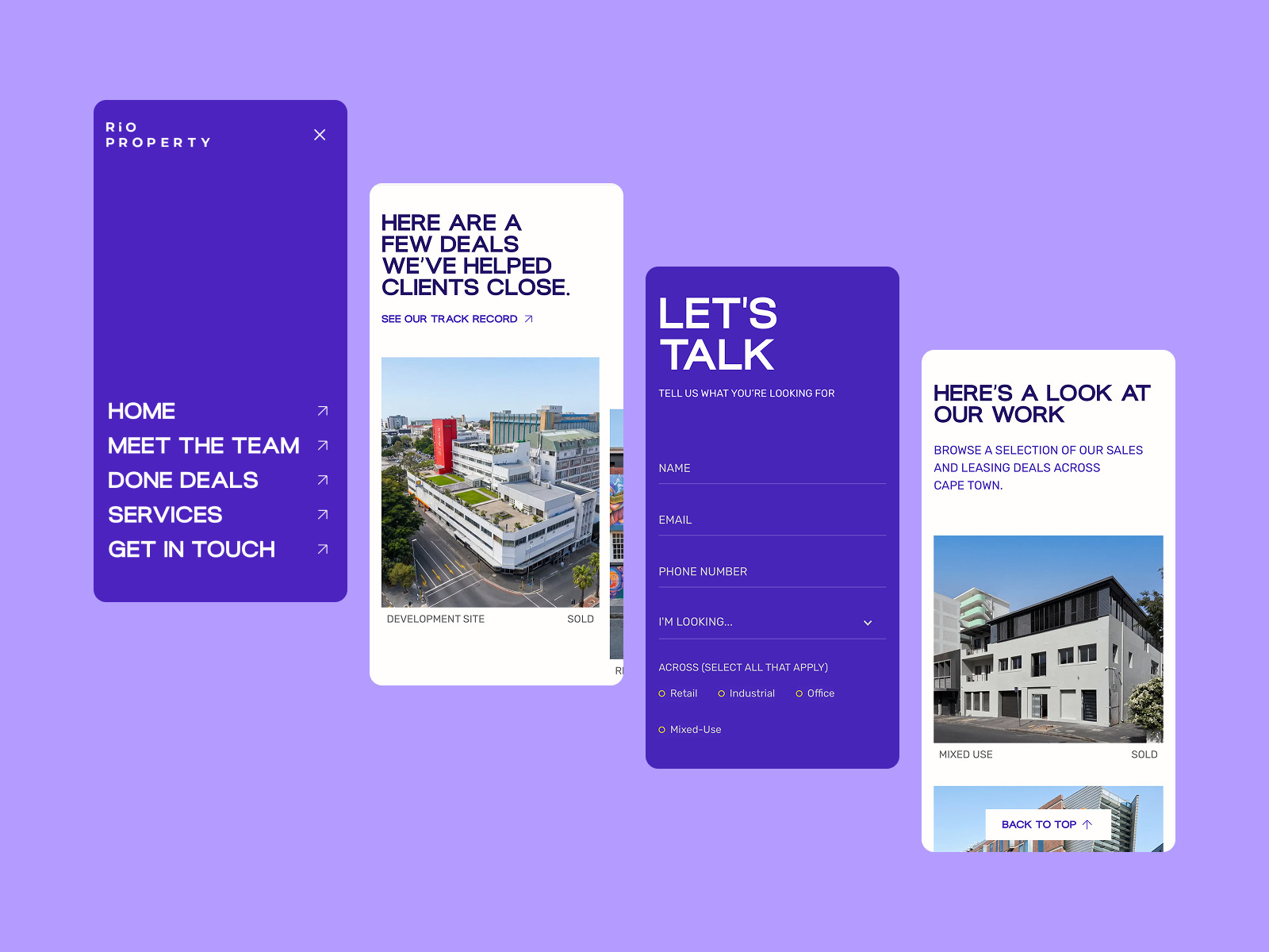 Rio Property website displayed on mobile, showing the navigation menu, done deals, and contact form screens